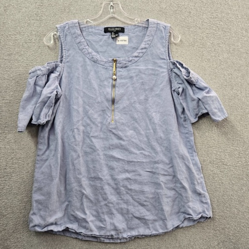 Ellen Tracy‎ Women Top Large Blue Linen Shirt Cold Shoulder Short Sleeve 1/4 Zip